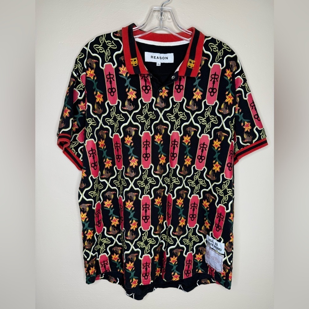 Reason Multicolor Polo Shirt Black Red Snap Closure Size XL